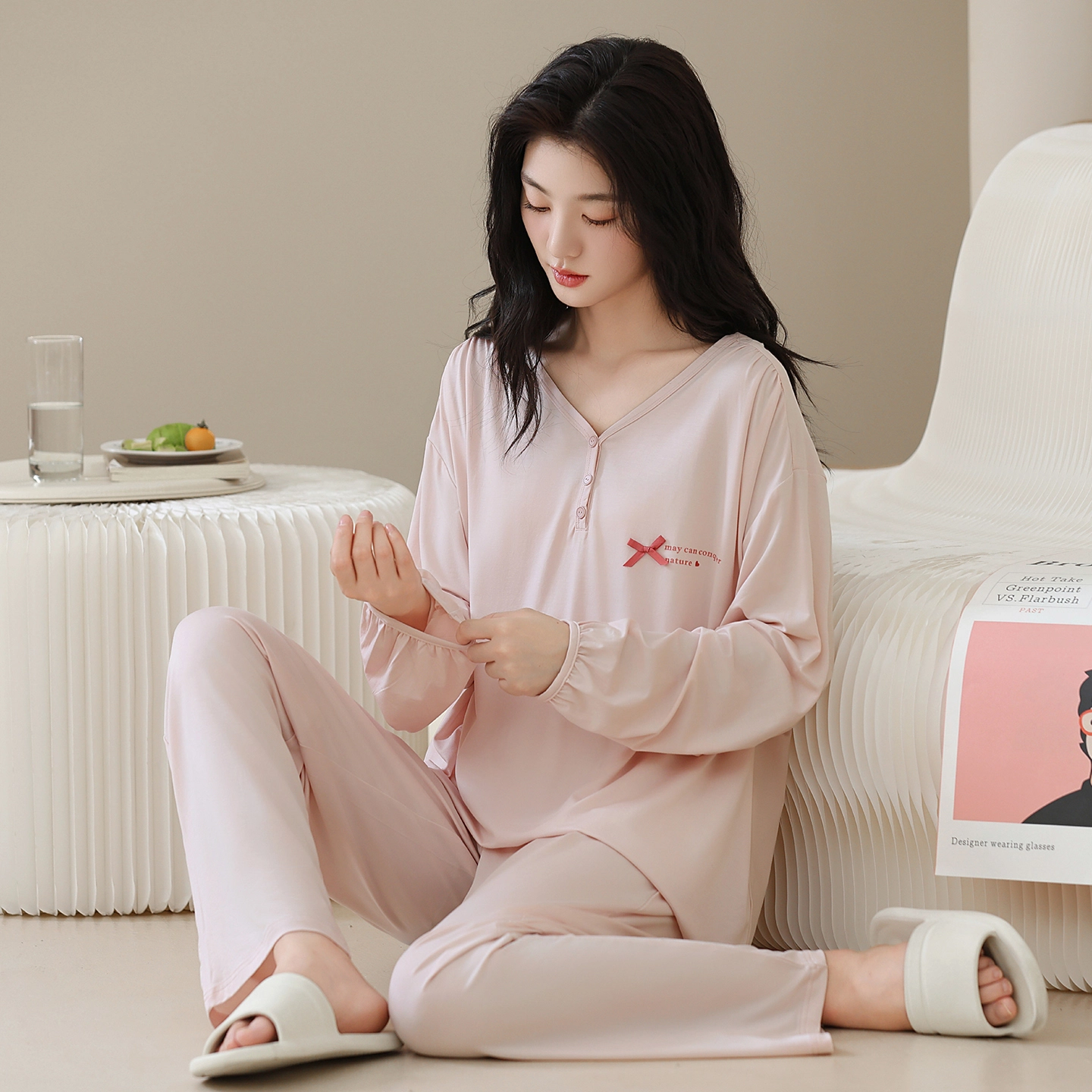 芬腾可安 秋冬季精致浅色系简约显瘦设计感亲肤家居服睡衣套装 女款