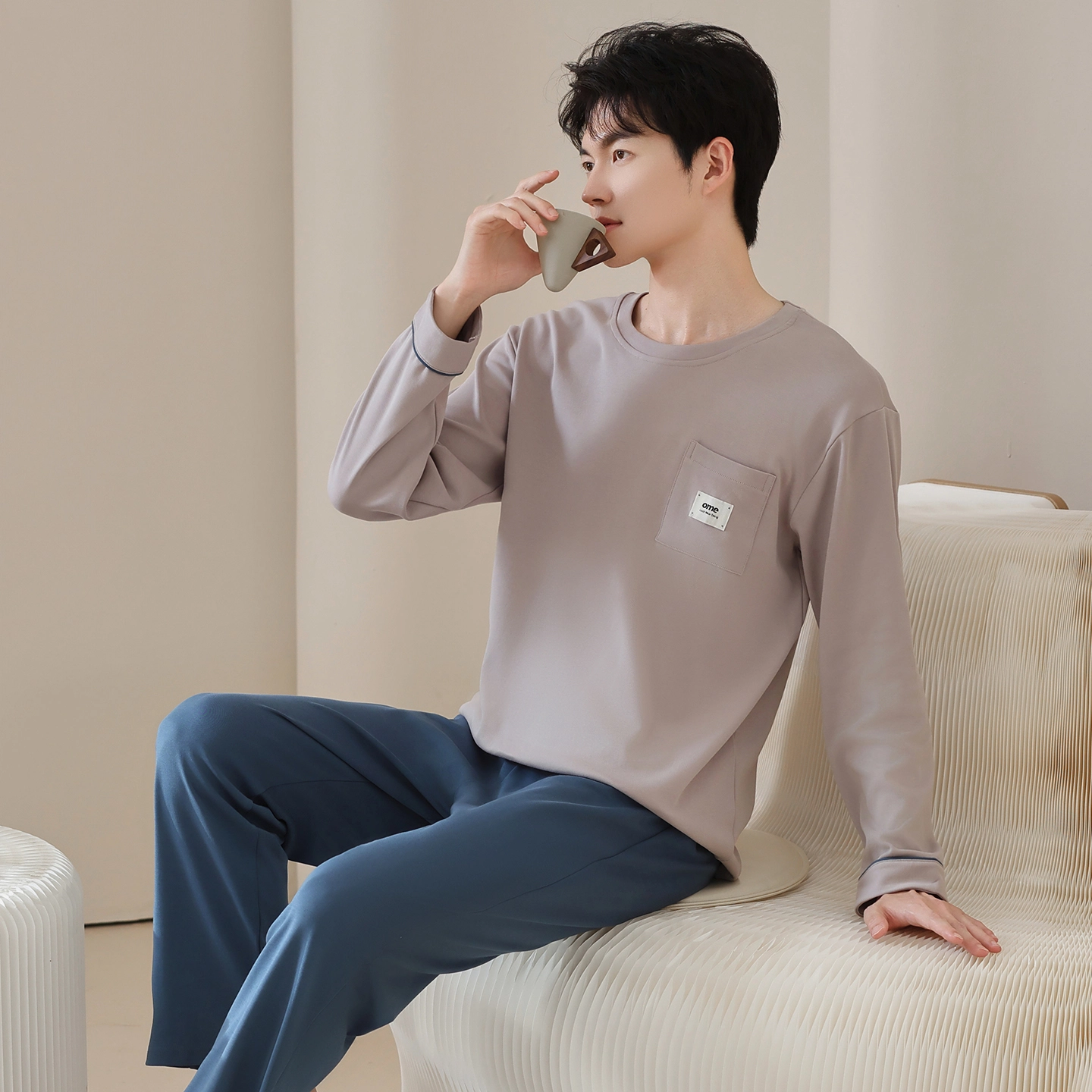 芬腾可安 外出可穿透气气质春秋经典舒适纯棉休闲家居服睡衣套装 男款