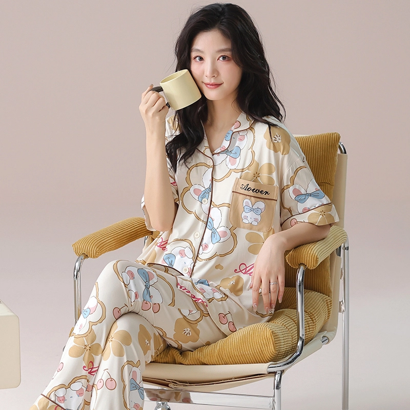 芬腾可安 气质家居服带胸垫一体式短袖长裤时尚甜美柔软亲肤大学生宿舍外出都可穿细腻舒适睡衣套装 女款