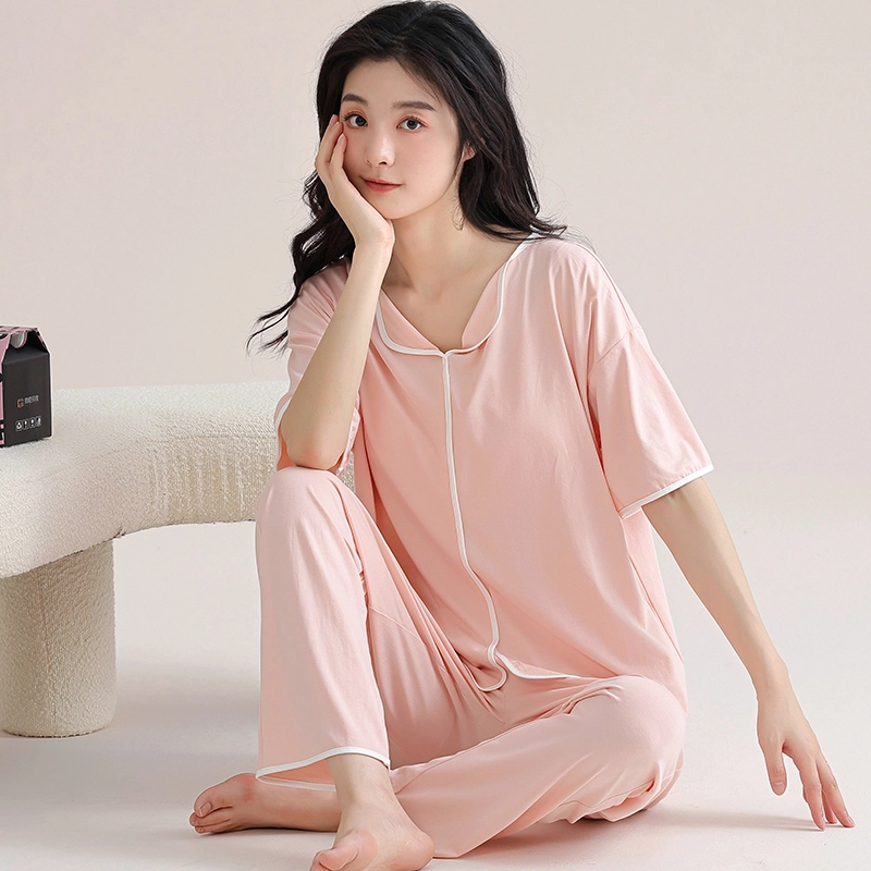 芬腾可安 细腻气质家居服带胸垫一体式短袖长裤甜美舒适柔软亲肤大学生宿舍外出都可穿睡衣套装 女款