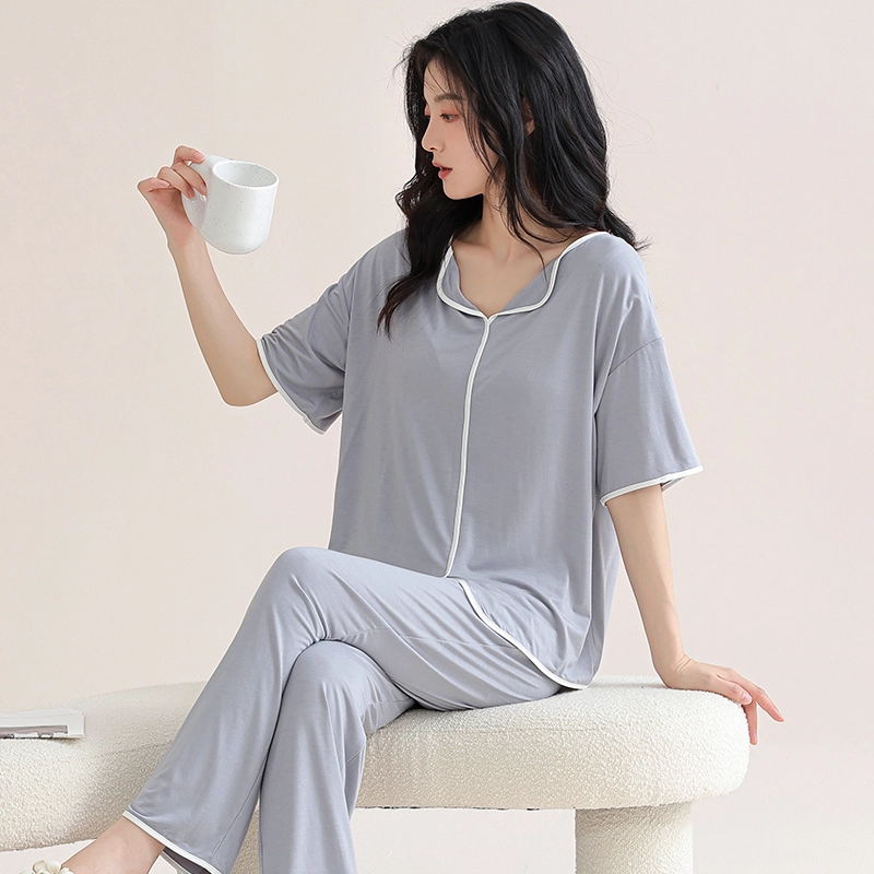 芬腾可安 舒适柔软气质家居服带胸垫休闲一体式短袖长裤甜美细腻大学生亲肤宿舍外出都可穿睡衣套装 女款