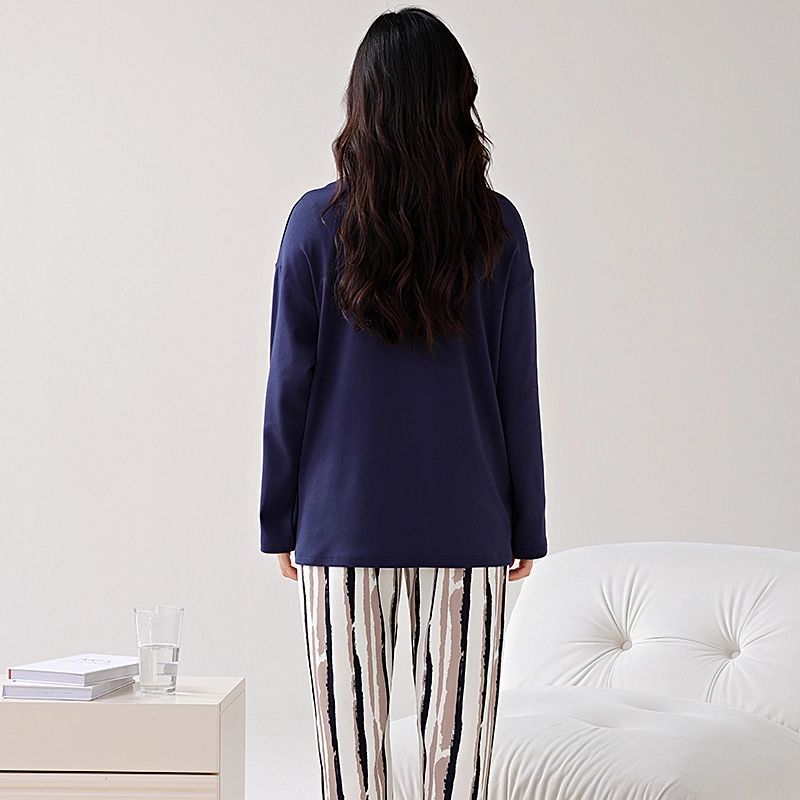芬腾可安 轻熟风家居服纯棉韩版经典简约带固定胸垫一体式亲肤柔软遮肉外出可穿长袖长裤秋冬季睡衣套装 女款
