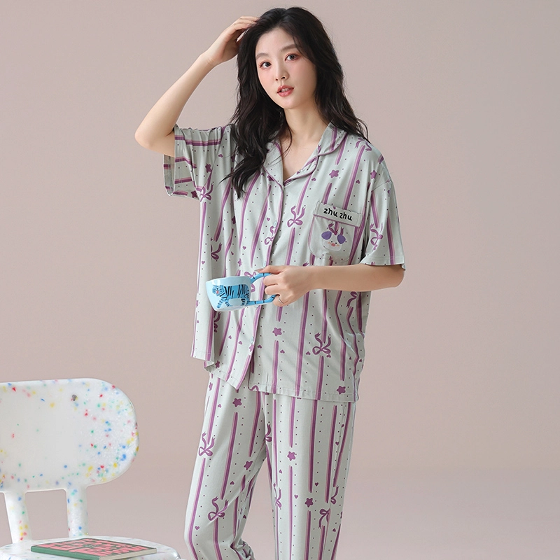 芬腾可安 气质家居服带胸垫一体式短袖长裤甜美大学生外出宿舍都可穿细腻舒适柔软亲肤睡衣套装 女款