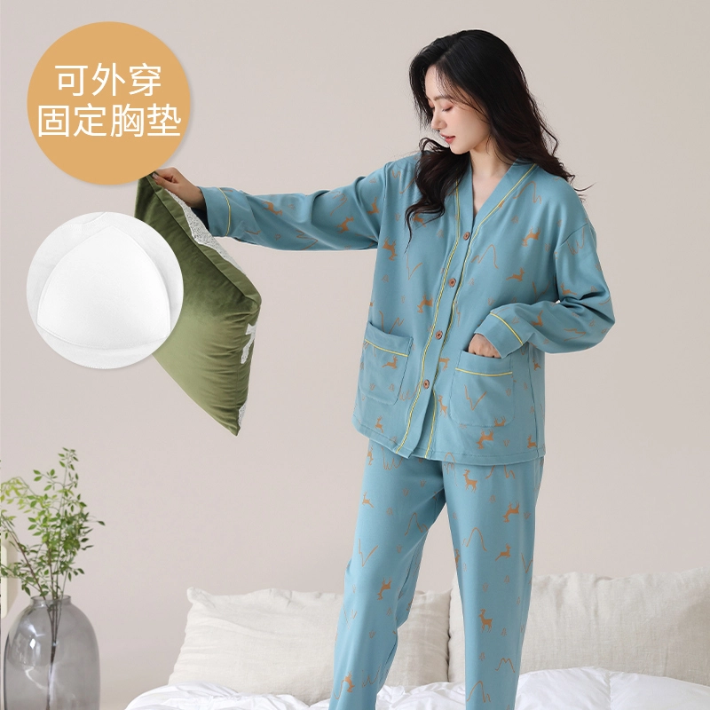 芬腾可安 外出可穿大码春秋季简约宽松温柔设计感显瘦带胸垫少女感家居服睡衣套装 女款