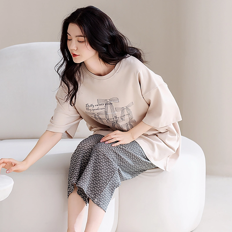 芬腾可安 家居服带胸垫一体式甜美透气简约大学生宿舍外出可穿亲肤轻熟风柔软短袖七分裤睡衣套装 女款