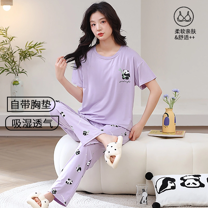 芬腾可安 春夏秋季纯棉韩版气质修身遮肉少女温柔大学生一体式带胸垫免穿文胸轻盈亲肤可外穿的两件短袖长裤家居服睡衣套装 女款