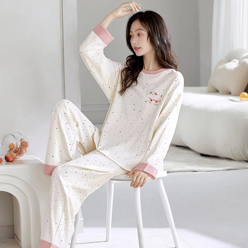 芬腾可安 春秋季简约纯棉设计感显瘦宽松遮肉少女感家居服睡衣套装 女款