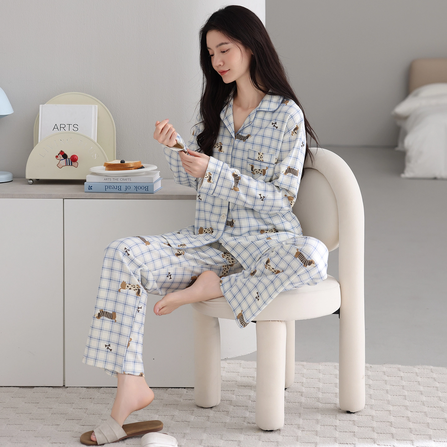 芬腾可安 纯棉简约显瘦亲肤翻领舒适开衫少女春秋时尚休闲宽松家居服睡衣套装 女款