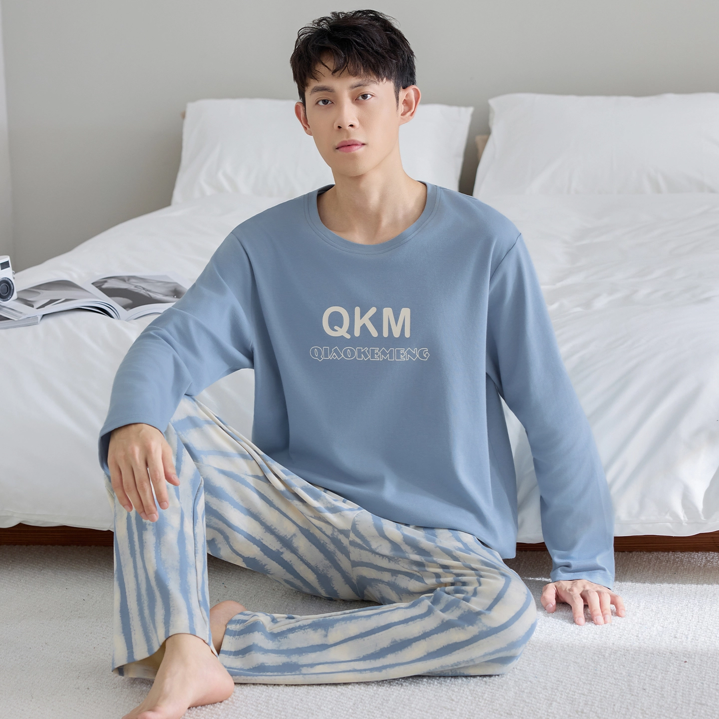 芬腾可安 外出可穿纯棉气质春秋季亲肤轻盈舒适宽松休闲家居服睡衣套装 男款