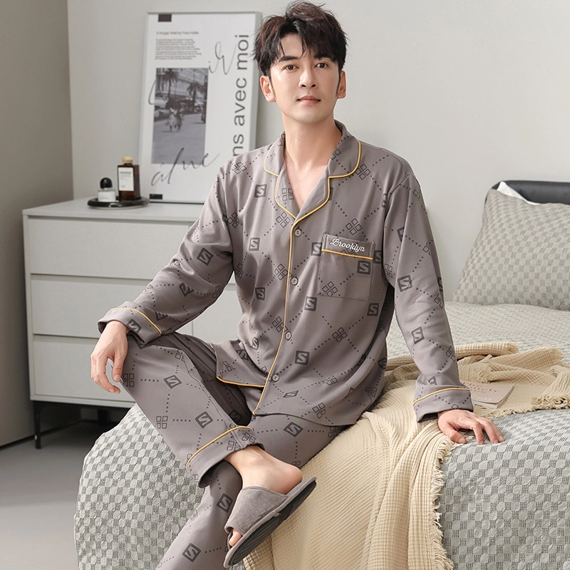 芬腾可安 春秋季家居服翻领显瘦简约经典外出可穿睡衣套装 男款