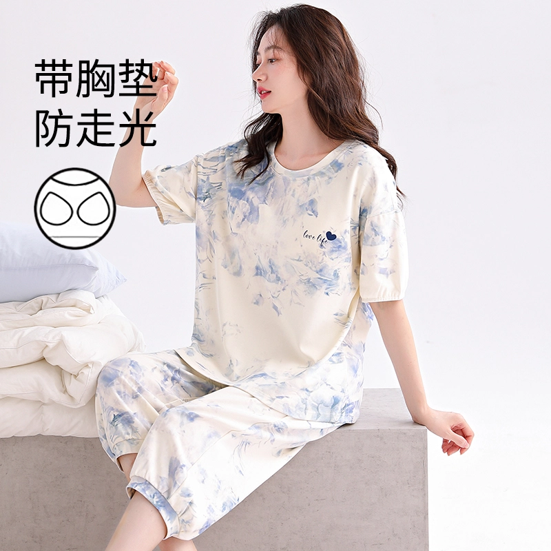 芬腾可安 休闲短袖七分裤纯棉设计感简约气质亲肤轻盈小清新透气带胸垫防凸点一体式舒适宿舍可穿大学生家居服春夏季睡衣套装 女款