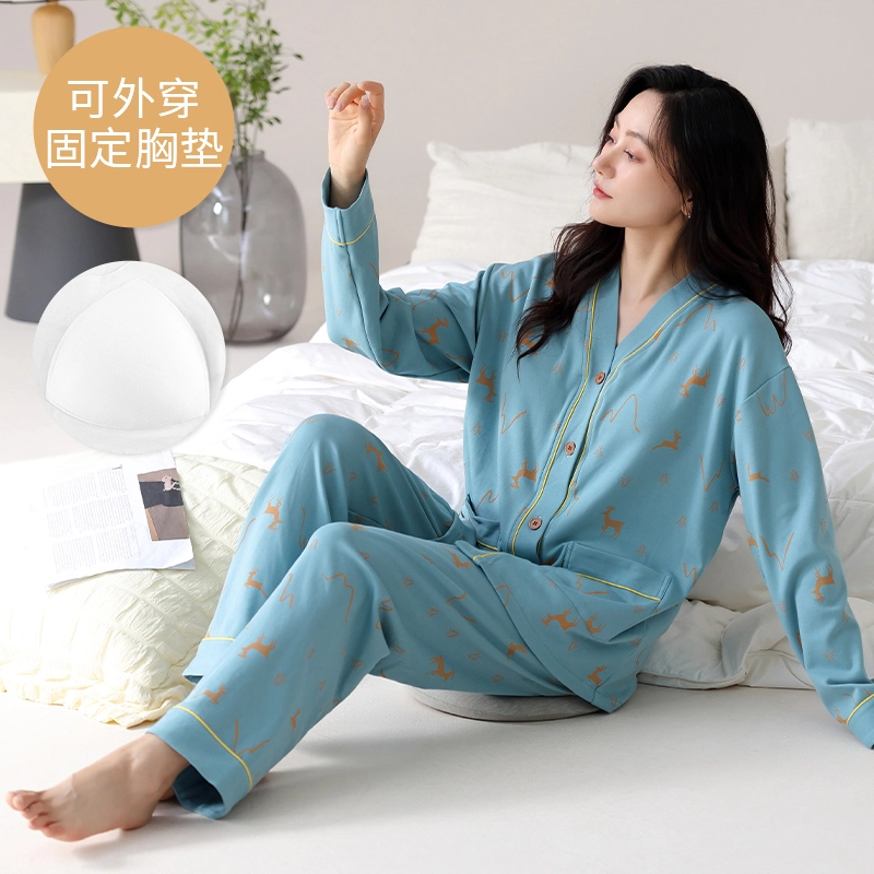 芬腾可安 外出可穿大码春秋季简约宽松温柔设计感显瘦带胸垫少女感家居服睡衣套装 女款