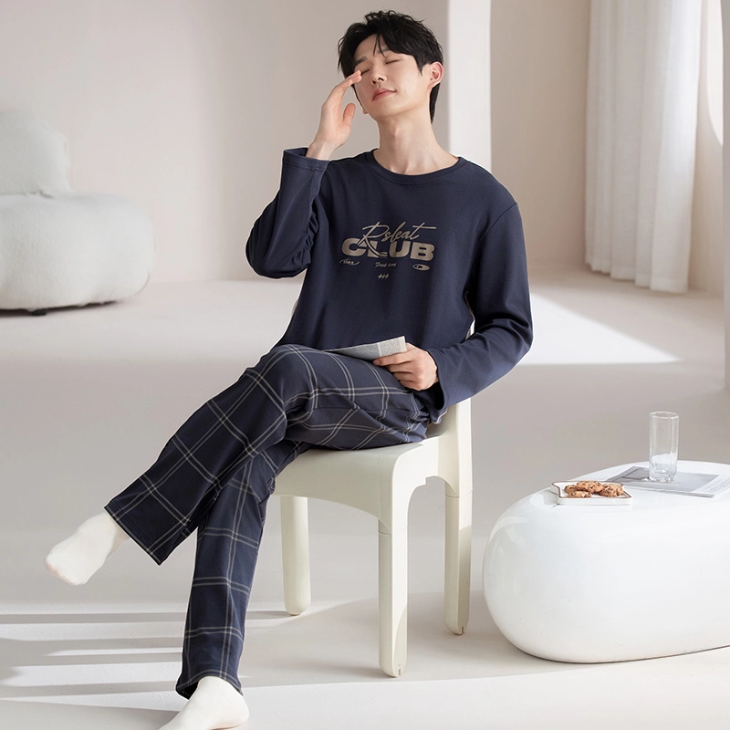 芬腾可安 外出可穿纯棉春秋经典舒适透气亲肤宽松柔软家居服睡衣套装 男款