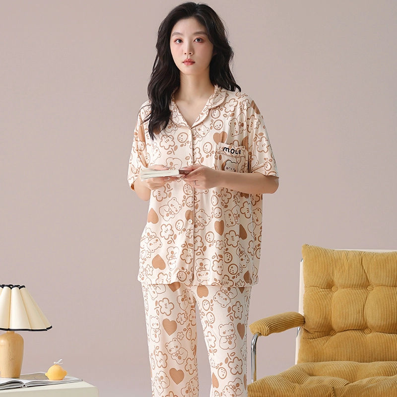 芬腾可安 气质家居服带胸垫一体式短袖长裤甜美柔软亲肤大学生宿舍外出都可穿细腻舒适睡衣套装 女款