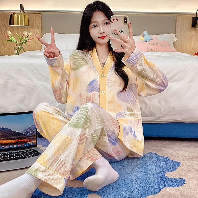 芬腾可安 可外穿春秋亲肤带胸垫和服领开衫一体式家居服睡衣套装 女款