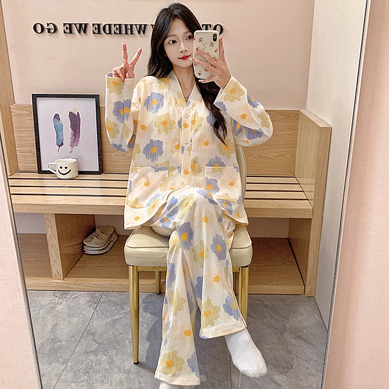 芬腾可安 春秋亲肤可外穿和服领开衫带胸垫一体式家居服睡衣套装 女款