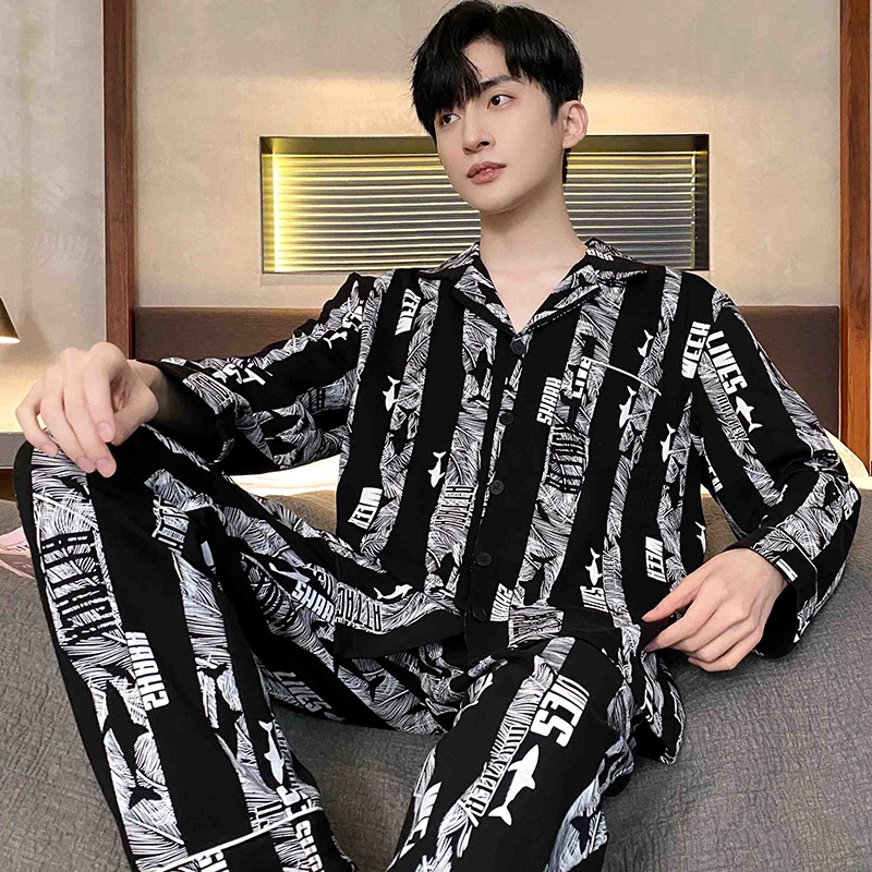 芬腾可安 春秋季简约休闲亲肤翻领开衫轻熟风家居服睡衣套装 男款