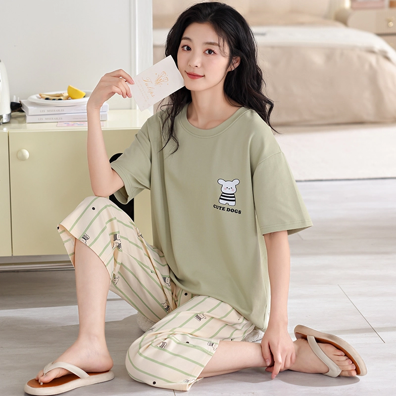 芬腾可安 家居服韩版短袖休闲透气简约浅色系显瘦舒适宽松柔软七分裤时尚外出可穿睡衣套装 女款