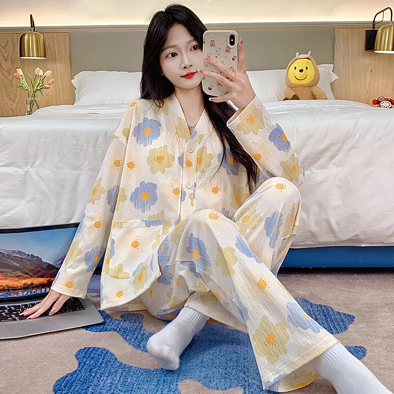 芬腾可安 春秋亲肤可外穿和服领开衫带胸垫一体式家居服睡衣套装 女款