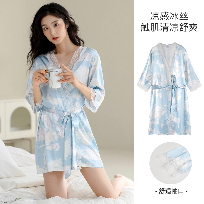 芬腾可安 柔软细腻亲肤透气顺滑丝绸凉爽家居服睡袍/浴袍 女款