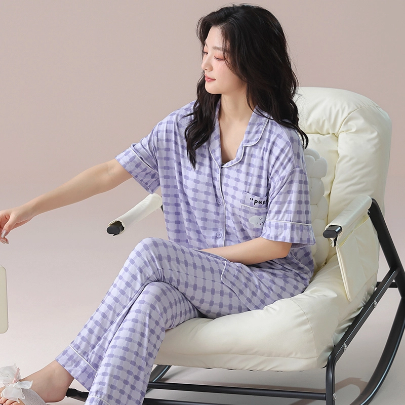 芬腾可安 气质家居服带胸垫一体式短袖长裤甜美柔软亲肤舒适细腻大学生宿舍外出都可穿睡衣套装 女款
