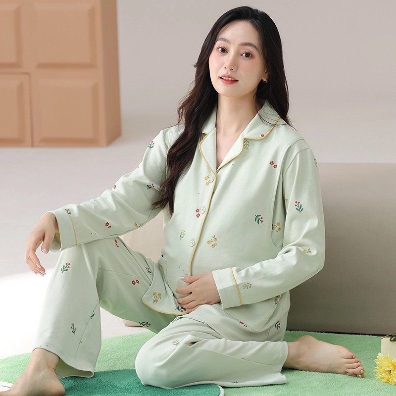 芬腾可安 纯棉外出可穿优雅宽松显瘦带胸垫长袖长裤孕期哺乳期都可穿的月子可调节腰带家居服春秋季睡衣套装 女款