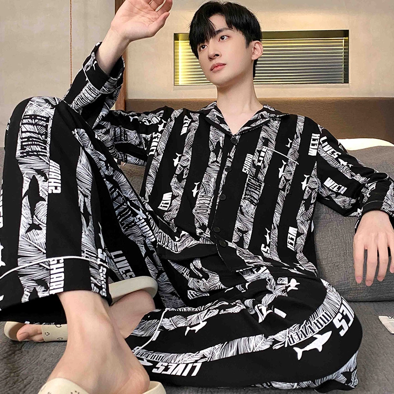 芬腾可安 春秋季简约休闲亲肤翻领开衫轻熟风家居服睡衣套装 男款