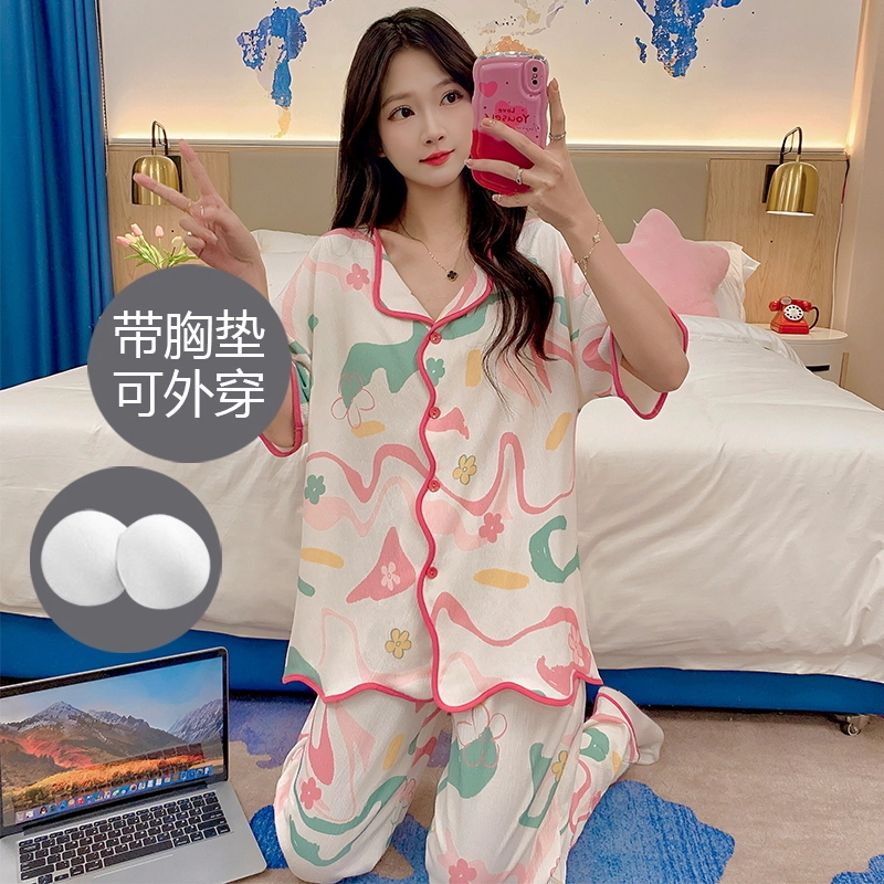 芬腾可安 春夏秋季带胸垫家居服透气亲肤休闲舒适睡衣套装 女款