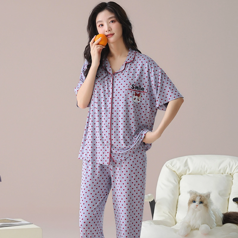 芬腾可安 气质家居服带胸垫一体式短袖长裤甜美大学生宿舍外出都可穿细腻舒适柔软亲肤睡衣套装 女款