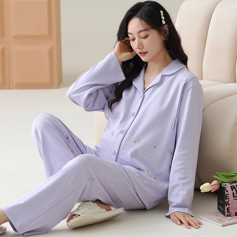 芬腾可安 纯棉外出可穿带胸垫孕期哺乳期都可穿的月子家居服宽松显瘦优雅长袖长裤双侧哺乳口可调节腰带春秋季睡衣套装 女款