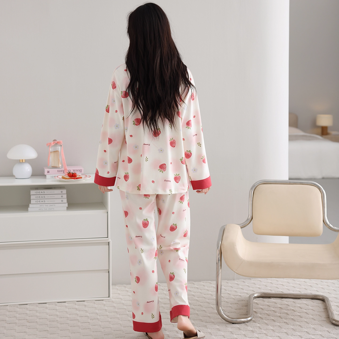 芬腾可安 纯棉简约显瘦宽松开衫春秋时尚亲肤翻领休闲少女舒适家居服睡衣套装 女款