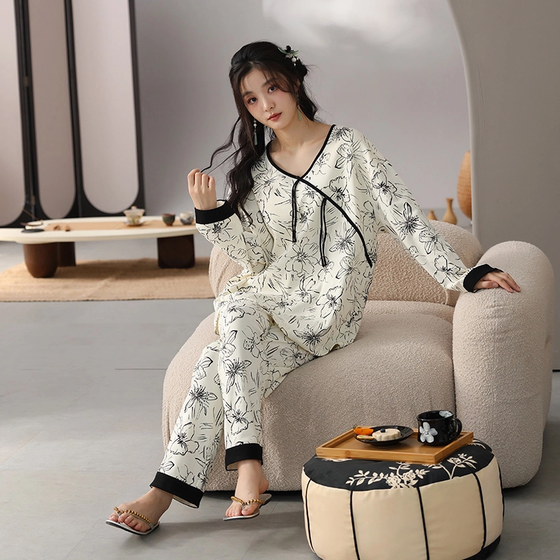 芬腾可安 秋冬季简约纯棉圆领无感杯垫一体式柔软少女家居服睡衣套装 女款