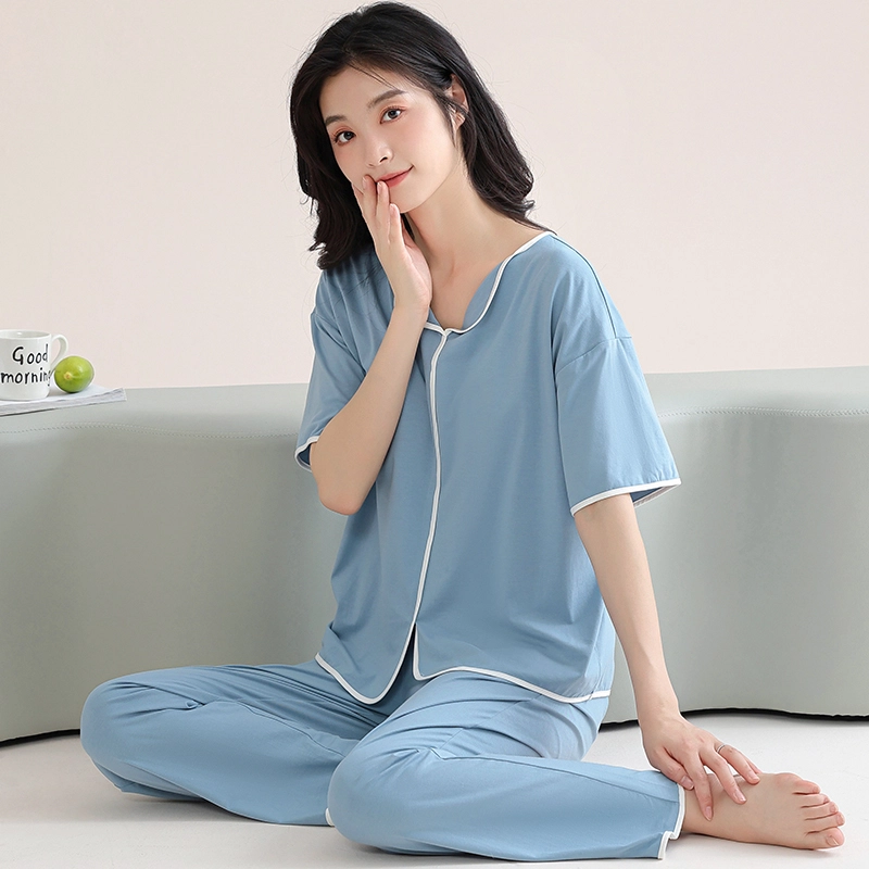 芬腾可安 细腻舒适柔软气质家居服带胸垫一体式短袖长裤甜美大学生亲肤宿舍外出都可穿睡衣套装 女款
