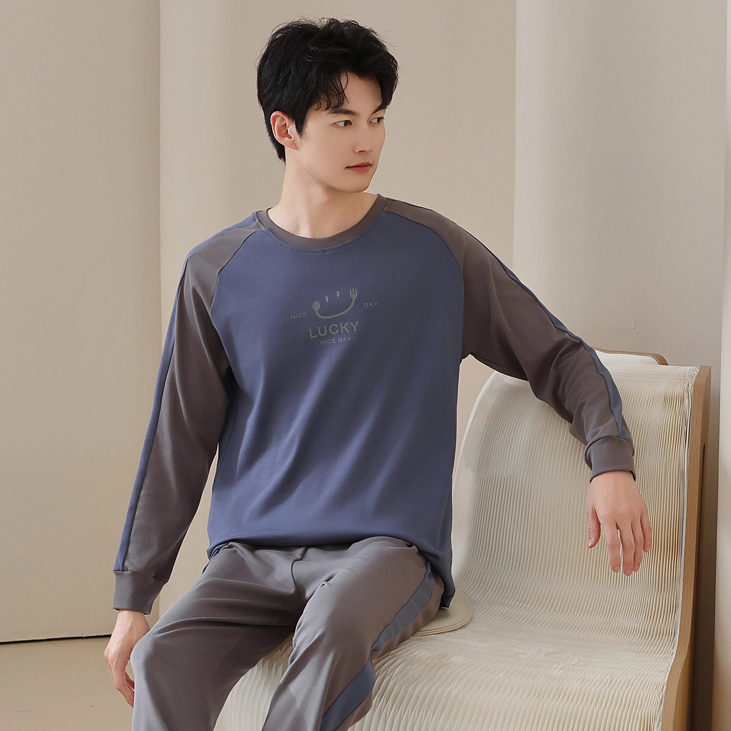 芬腾可安 春秋简约亲肤宽松纯棉柔软圆领时尚休闲多色可选透气可外穿家居服睡衣套装 男款