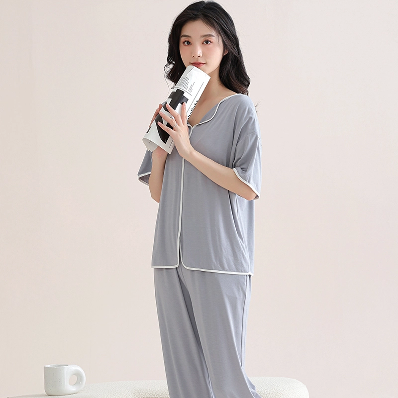 芬腾可安 舒适柔软气质家居服带胸垫休闲一体式短袖长裤甜美细腻大学生亲肤宿舍外出都可穿睡衣套装 女款