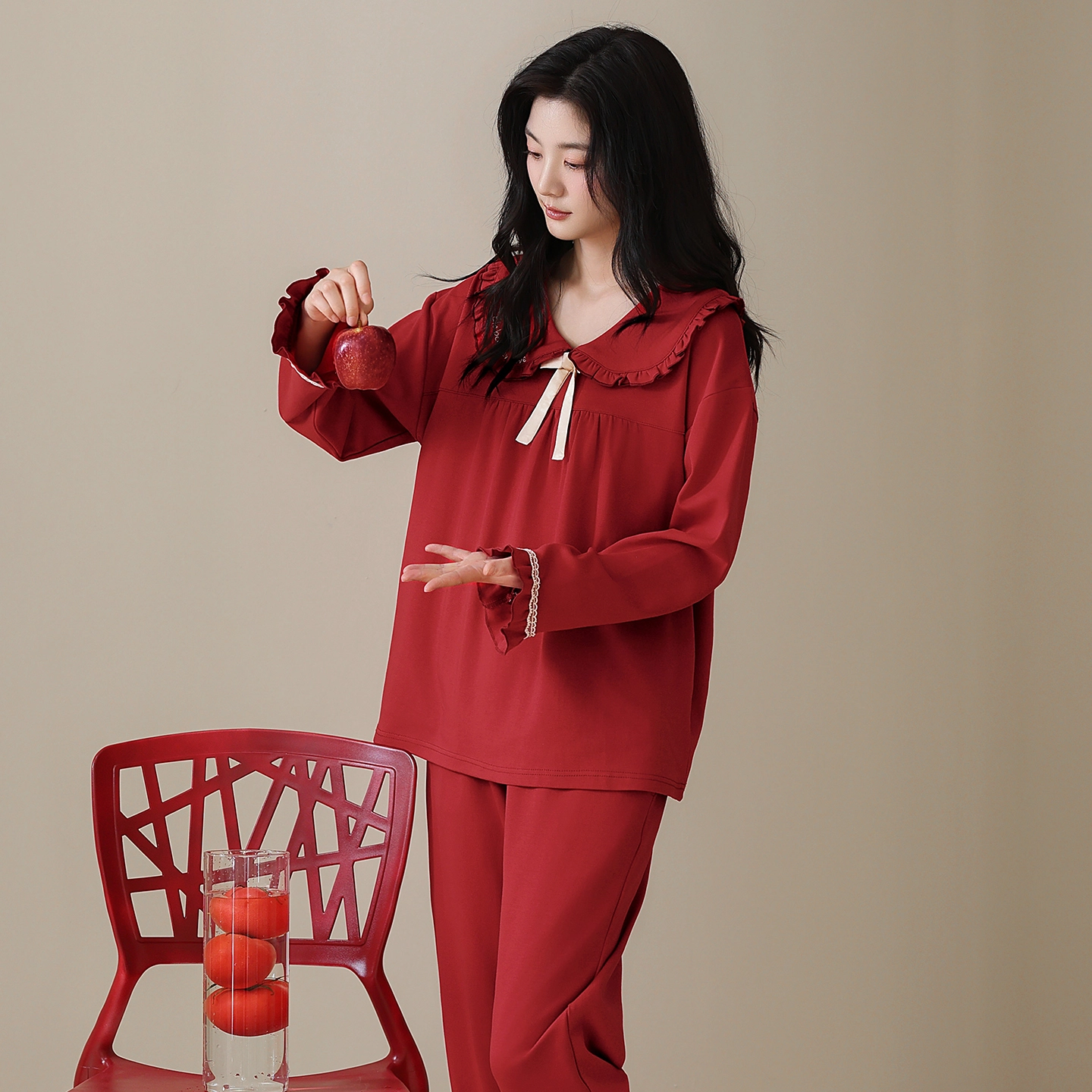 芬腾可安 情侣款秋冬季简约双面纯棉喜庆舒适显瘦亲肤家居服睡衣套装 女款