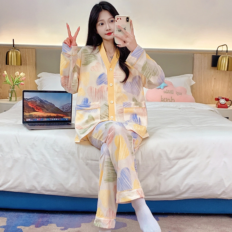 芬腾可安 可外穿春秋亲肤带胸垫和服领开衫一体式家居服睡衣套装 女款