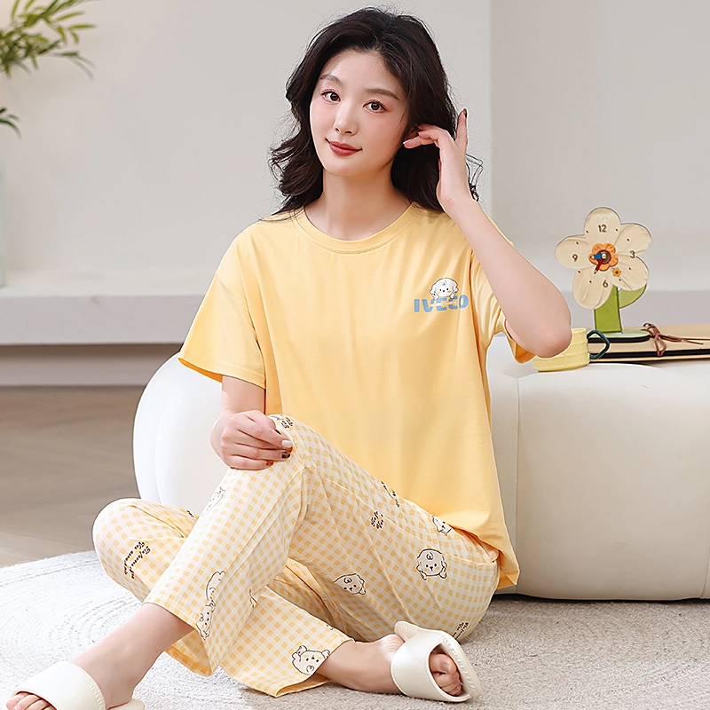 芬腾可安 春夏秋季纯棉韩版修身气质遮肉少女大学生温柔一体式带胸垫免穿文胸轻盈亲肤可外穿的两件短袖长裤家居服睡衣套装 女款