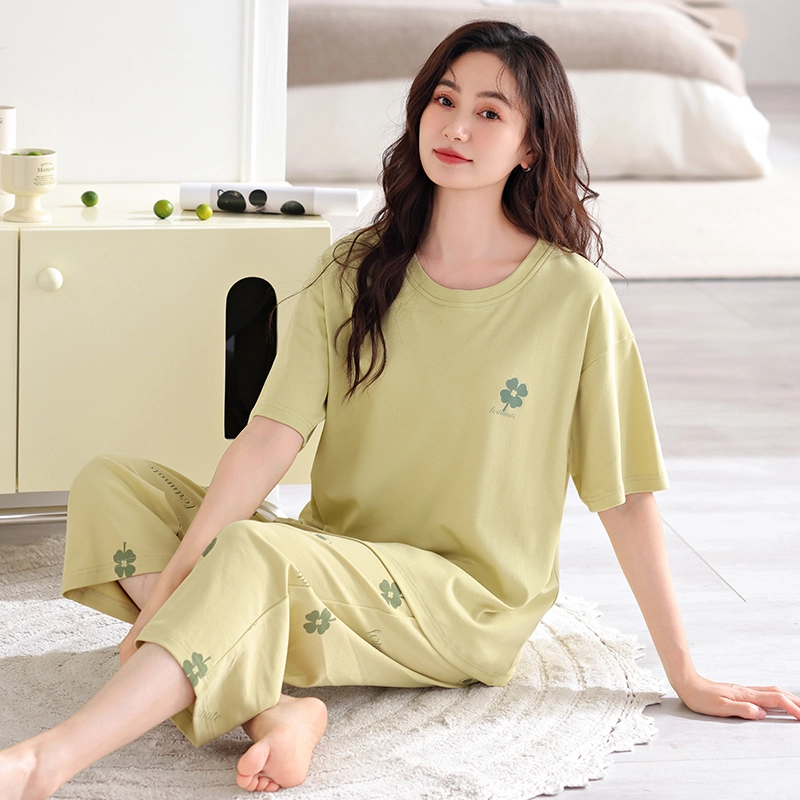 芬腾可安 外出可穿的家居服一体式休闲宽松舒适浅色系透气显瘦微弹时尚带胸垫韩版短袖七分裤两件装春夏季睡衣套装 女款