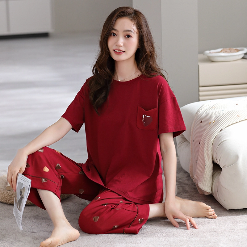 芬腾可安 外出可穿的家居服一体式休闲宽松舒适透气浅色系显瘦微弹时尚带胸垫韩版短袖七分裤两件装春夏季睡衣套装 女款