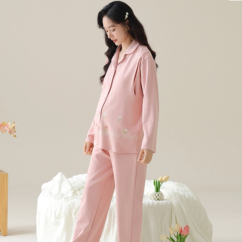 芬腾可安 纯棉外出可穿带胸垫孕期哺乳期都可穿的月子家居服优雅宽松显瘦可调节腰带长袖长裤春秋季睡衣套装 女款