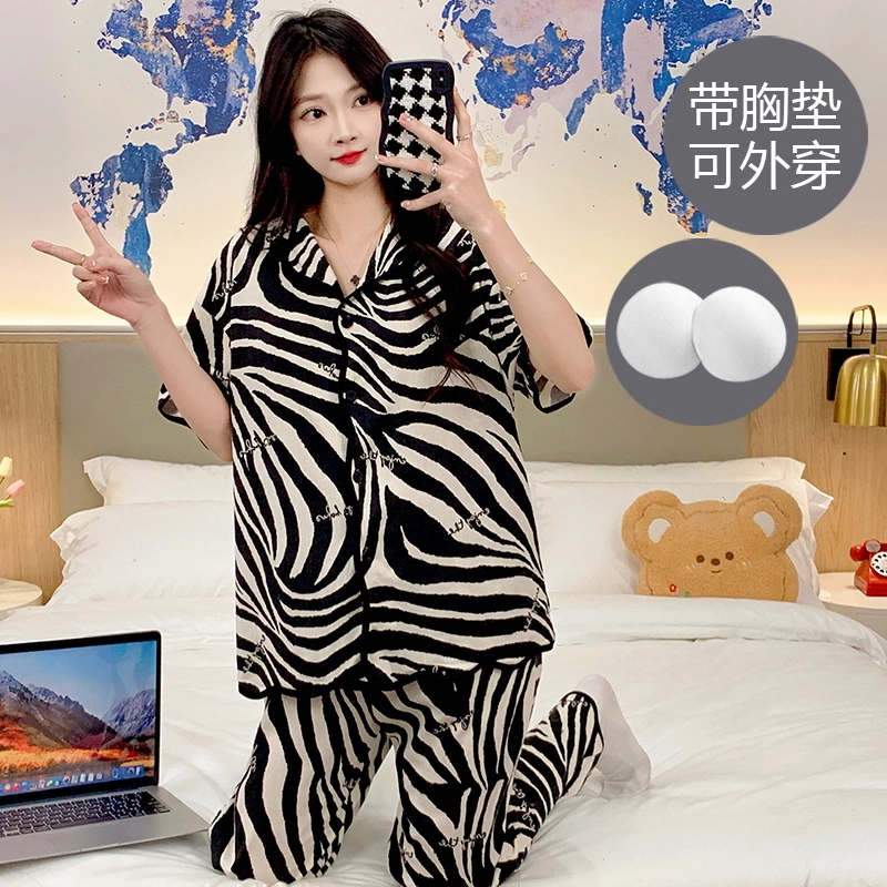 芬腾可安 亲肤休闲舒适春夏秋季带胸垫家居服透气睡衣套装 女款