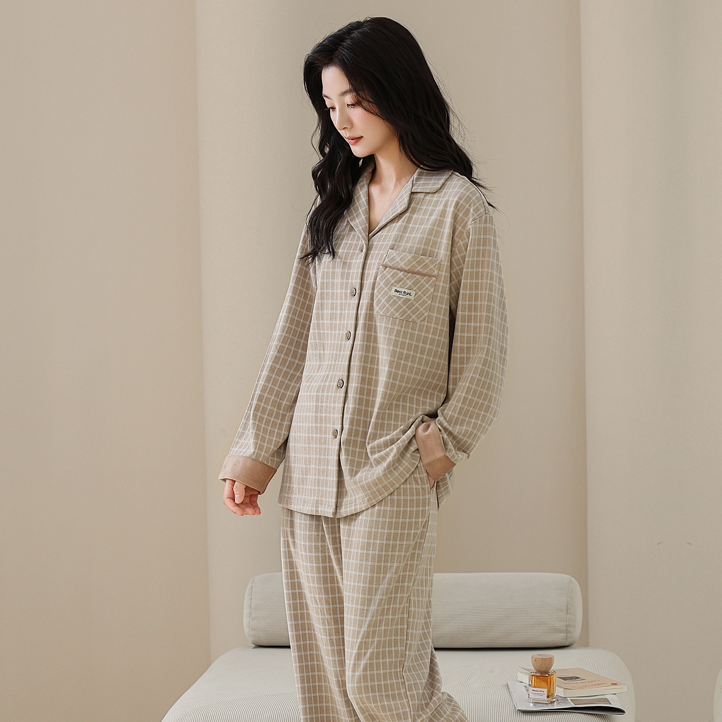 芬腾可安 秋冬季精致浅色系情侣款加厚显瘦设计感亲肤家居服睡衣套装 女款