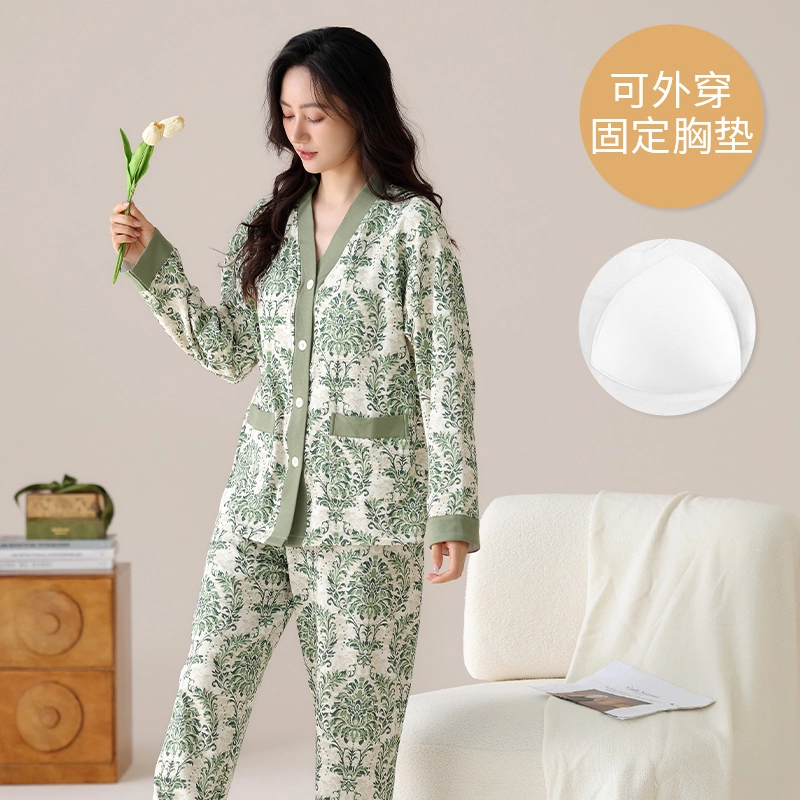 芬腾可安 春秋季简约宽松温柔设计感显瘦带胸垫少女感大码家居服睡衣套装 女款