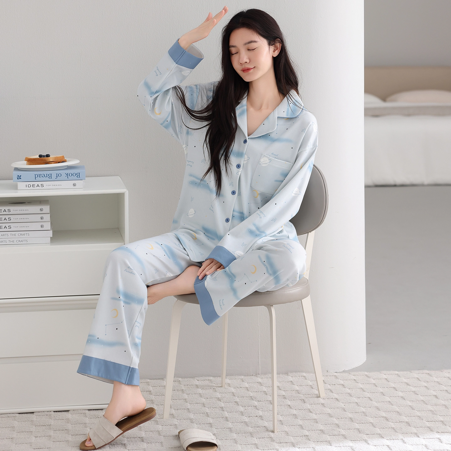 芬腾可安 纯棉简约显瘦少女舒适宽松翻领休闲开衫春秋时尚亲肤家居服睡衣套装 女款