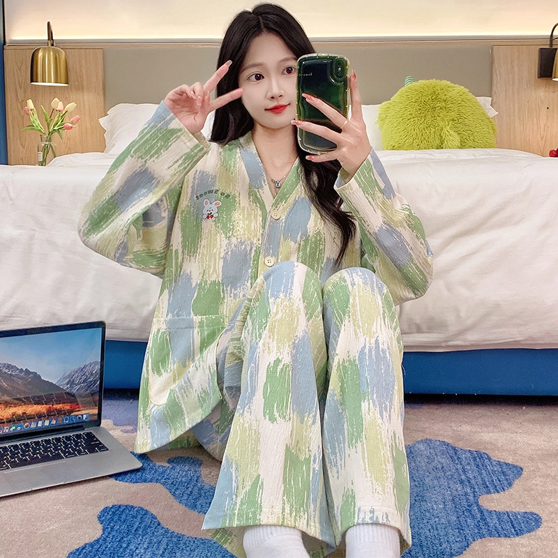 芬腾可安 春秋亲肤可外穿和服领带胸垫一体式开衫家居服睡衣套装 女款