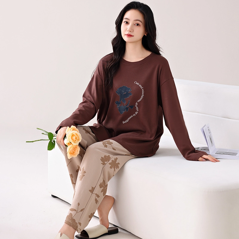 芬腾可安 家居服纯棉经典带胸垫一体式轻熟风柔软亲肤遮肉韩版轻盈简约外出可穿长袖长裤秋冬季睡衣套装 女款