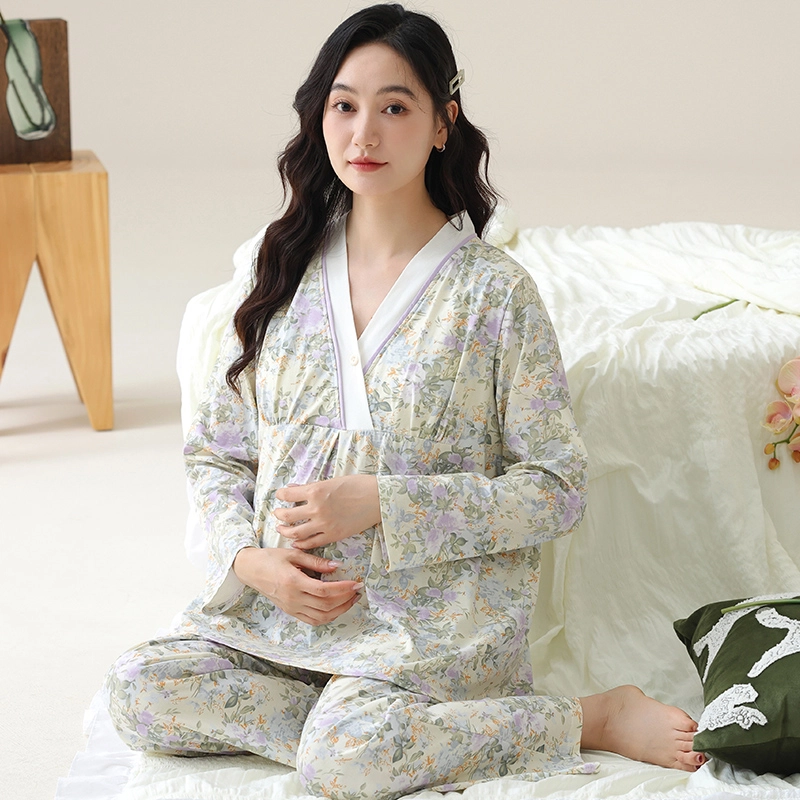 芬腾可安 外出可穿柔软舒适自带杯垫春秋哺乳期可穿月子家居服睡衣套装 女款
