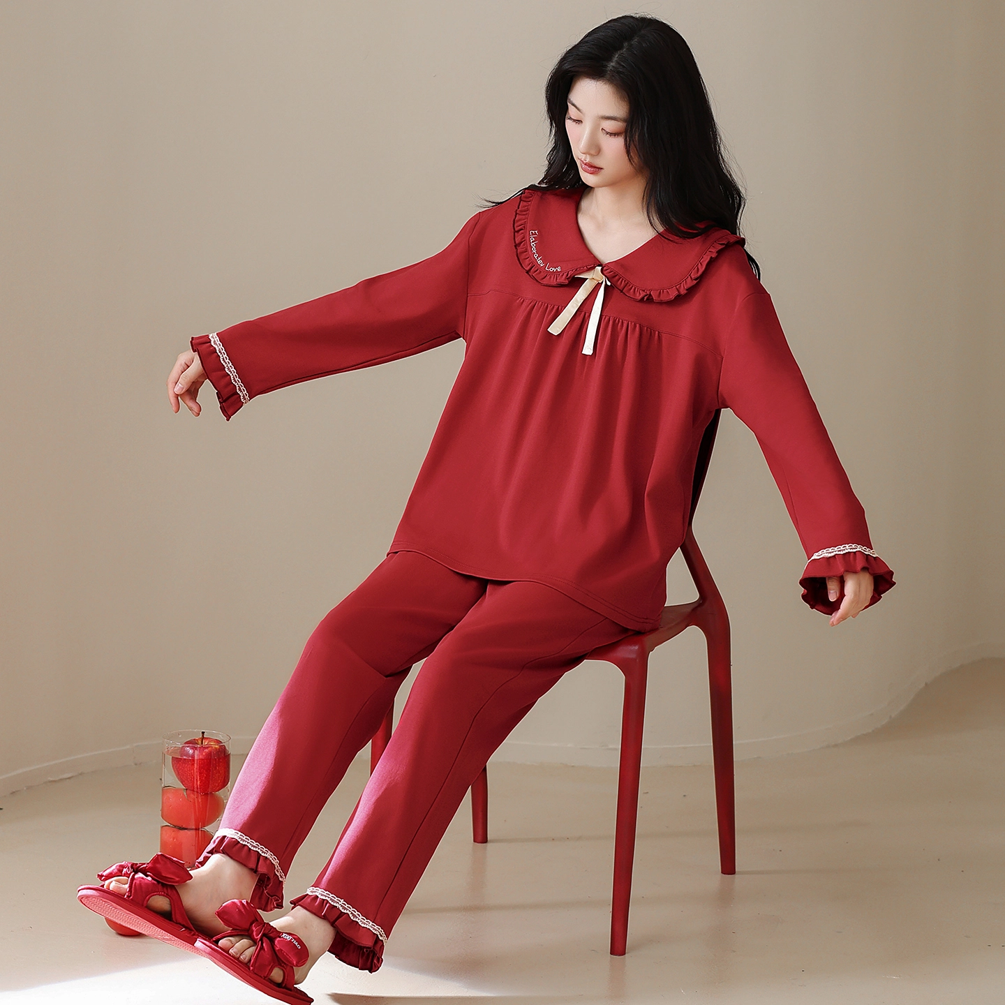 芬腾可安 情侣款秋冬季简约双面纯棉喜庆舒适显瘦亲肤家居服睡衣套装 女款