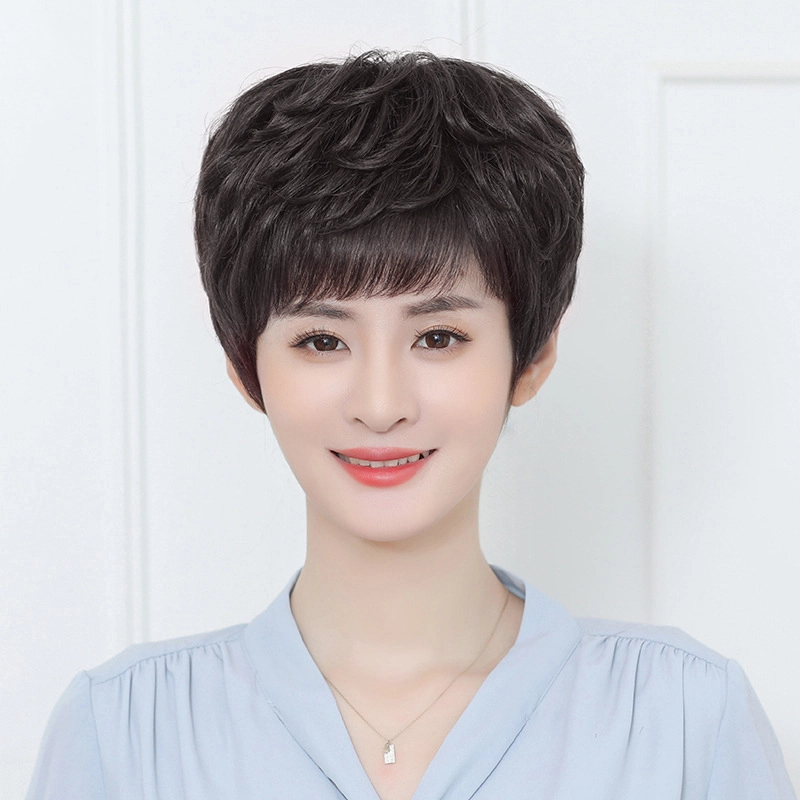 时影 假发 真发假发套 发妈妈假发女短发卷发 纹理头套遮白发增发量